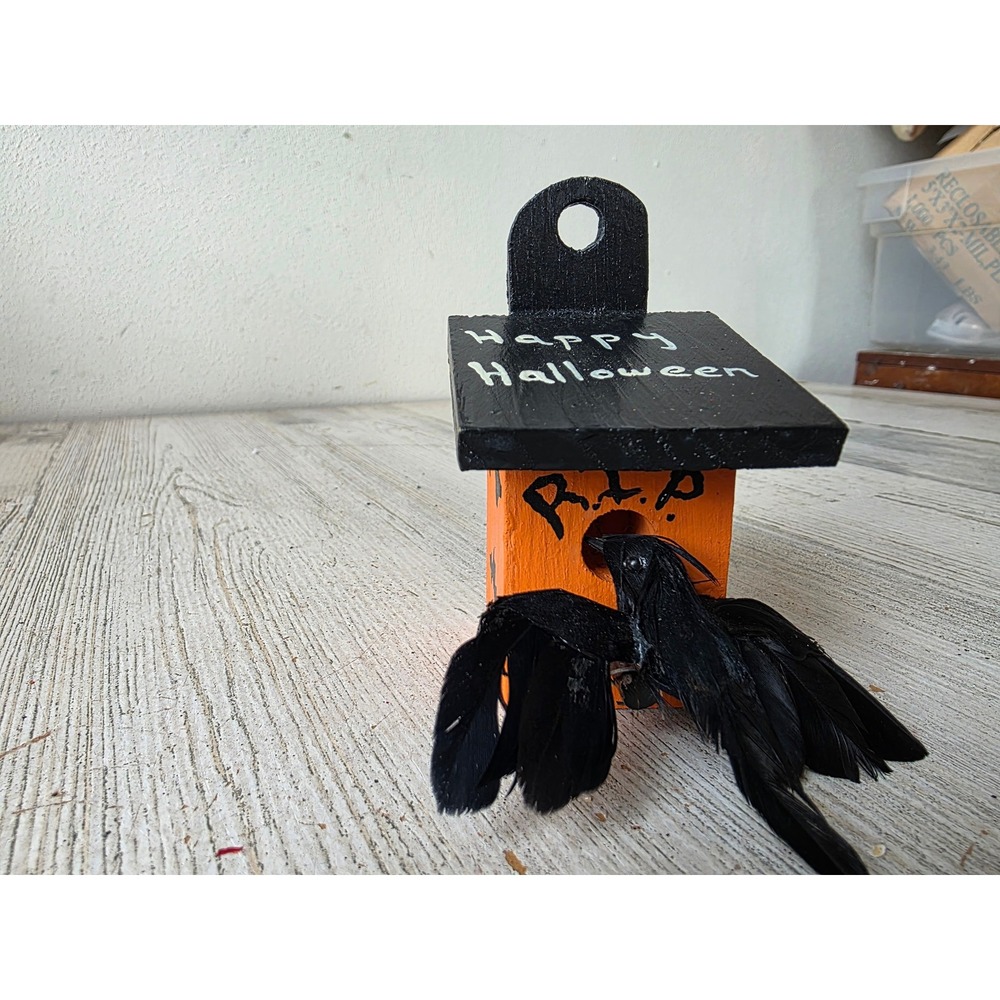 Vintage wooden Halloween birdhouse Crow ornament bats tree